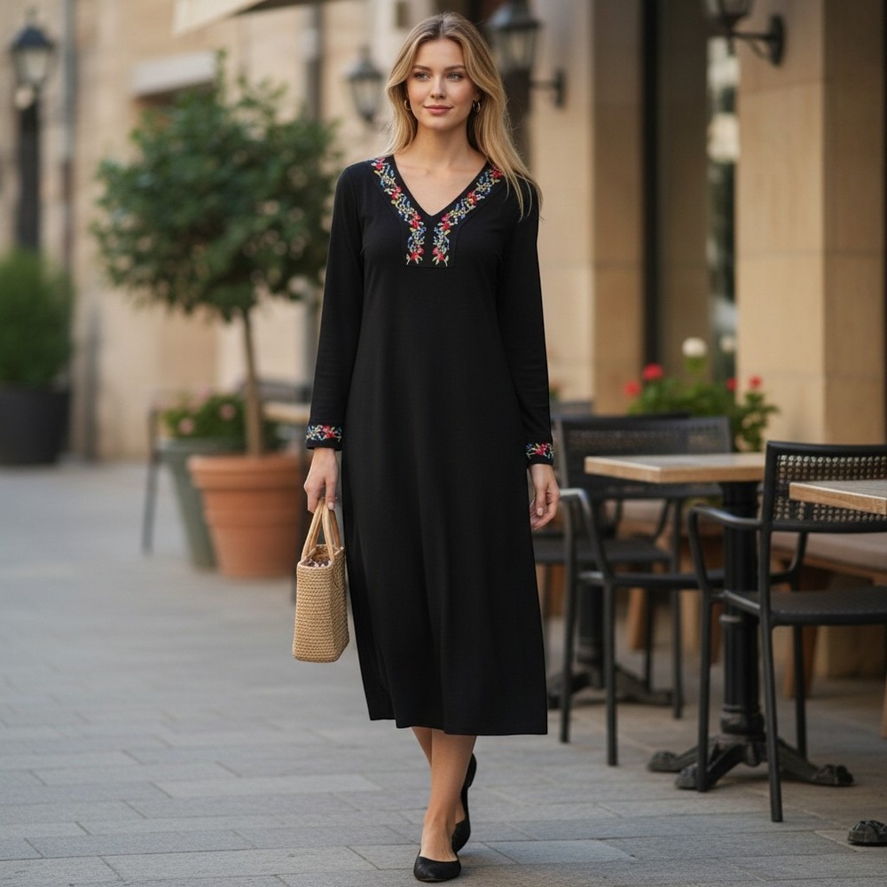 Susan Graver Style Black Floral Embroidered V-Neck Midi Dress Small A48589